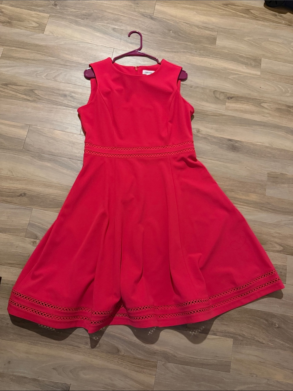 Calvin Klein Sleeveless Pink Flare Dress with Lace Trim